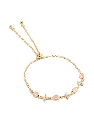 Gold Plated Oval Pink Stones & Cubic Zirconia  Flowers Toggle Bracelet