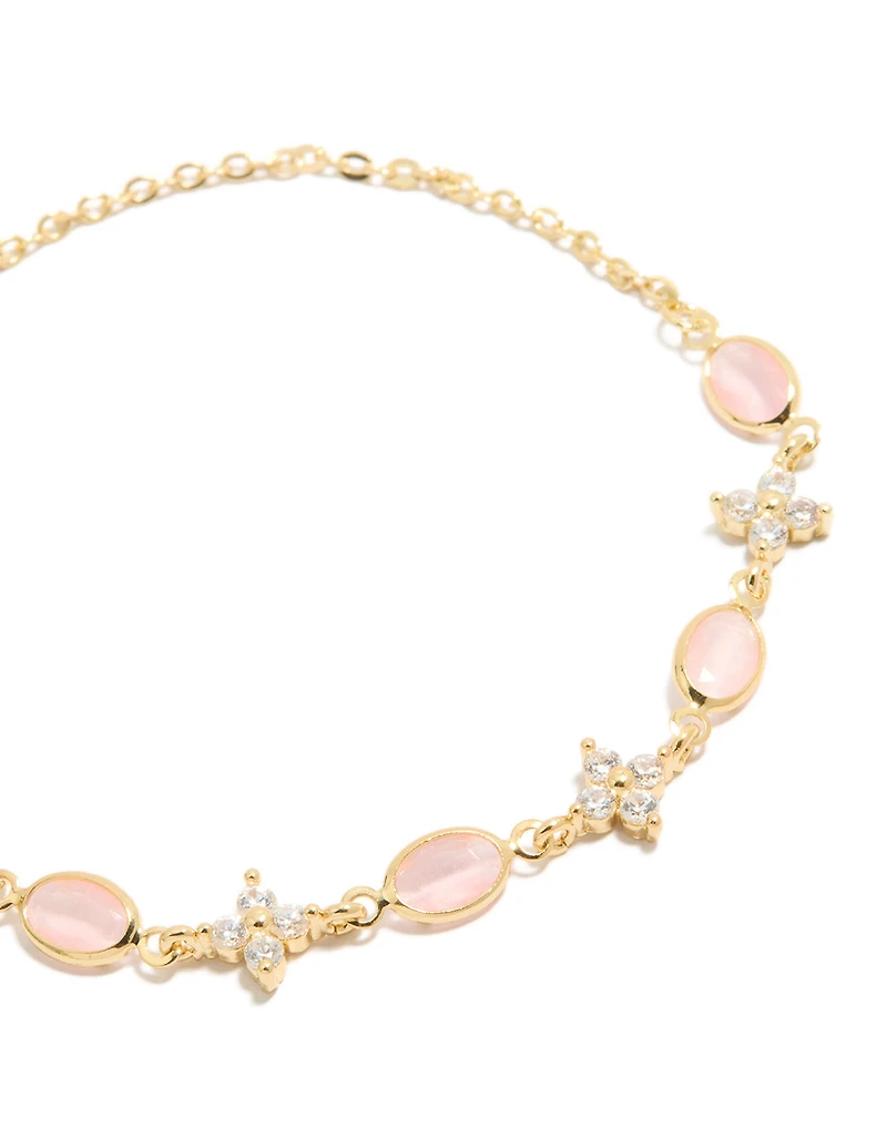 Gold Plated Oval Pink Stones & Cubic Zirconia  Flowers Toggle Bracelet