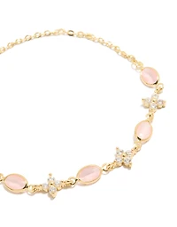 Gold Plated Oval Pink Stones & Cubic Zirconia  Flowers Toggle Bracelet