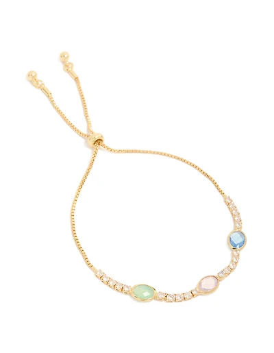 Gold Blue Pink & Green Cubic Zirconia Bezel Toggle Bracelet