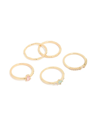 Gold Plated Pink & Blue Cubic Zirconia Rings 5-Pack