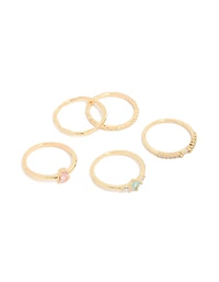 Gold Plated Pink & Blue Cubic Zirconia Rings 5-Pack
