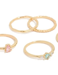 Gold Plated Pink & Blue Cubic Zirconia Rings 5-Pack