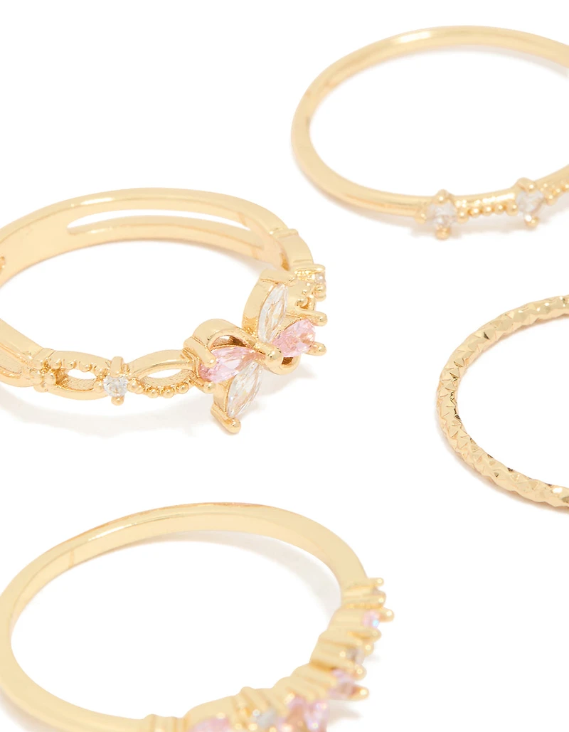 Gold Pink & Clear Cubic Zirconia Flower Rings 5-Pack