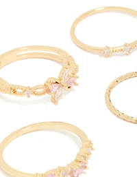 Gold Pink & Clear Cubic Zirconia Flower Rings 5-Pack