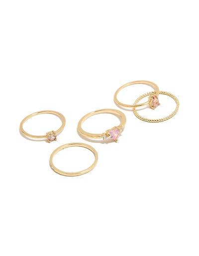 Gold Plated Pink Cubic Zirconia & Molten Rings 5-Pack