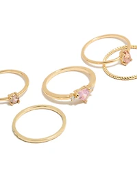 Gold Plated Pink Cubic Zirconia & Molten Rings 5-Pack