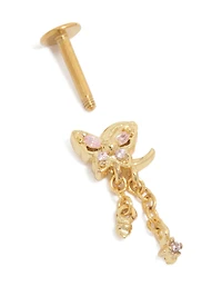 Chaîne en acier chirurgical plaqué or avec zircone cubique rose et boucle d'oreille papillon simple à fermoir plat