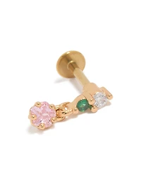 Gold Plated Surgical Steel Pink & Green Cubic Zirconia Circle Drop Single Flat Back Stud