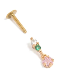 Gold Plated Surgical Steel Pink & Green Cubic Zirconia Circle Drop Single Flat Back Stud