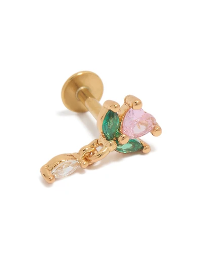 Gold Plated Surgical Steel Pink Cubic Zirconia Rose Drop Single Flat Back Stud
