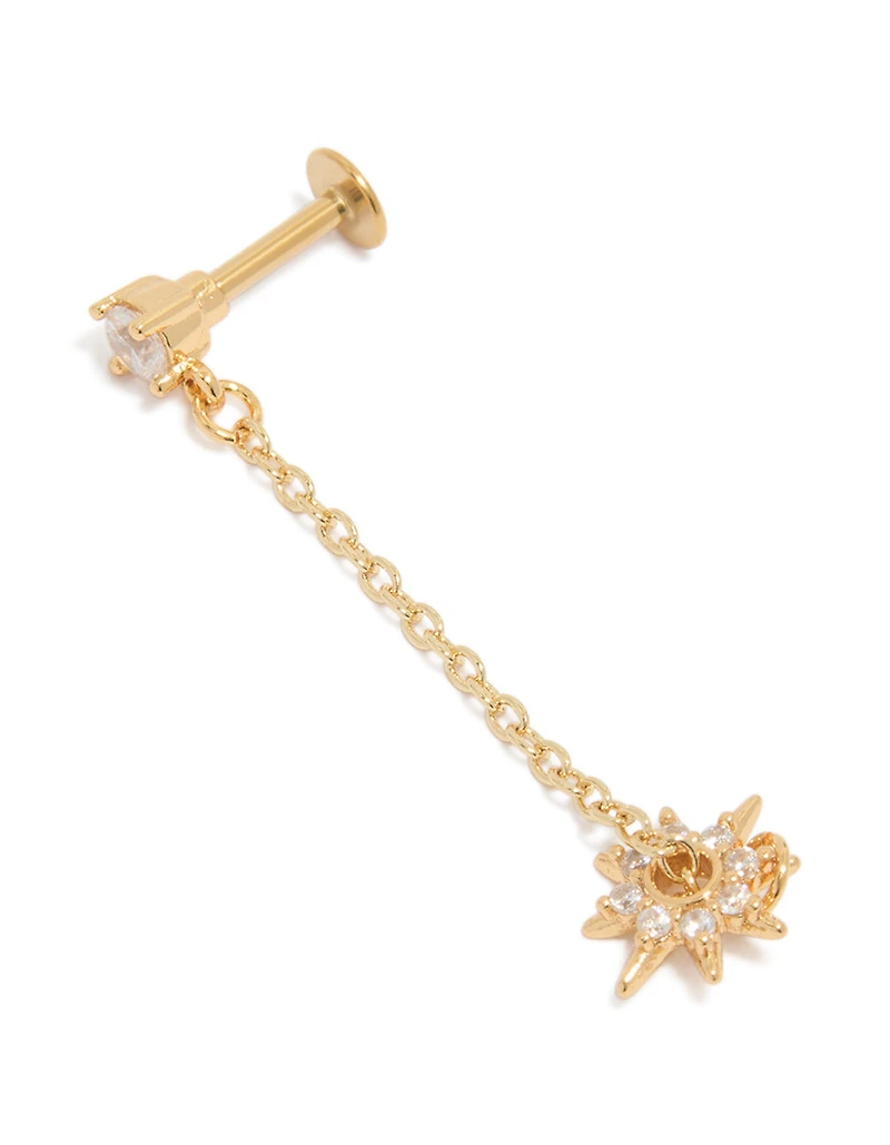 Gold Plated Surgical Steel Cubic Zirconia Drop Star Chain Single Flat Back Stud