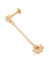 Gold Plated Surgical Steel Cubic Zirconia Drop Star Chain Single Flat Back Stud