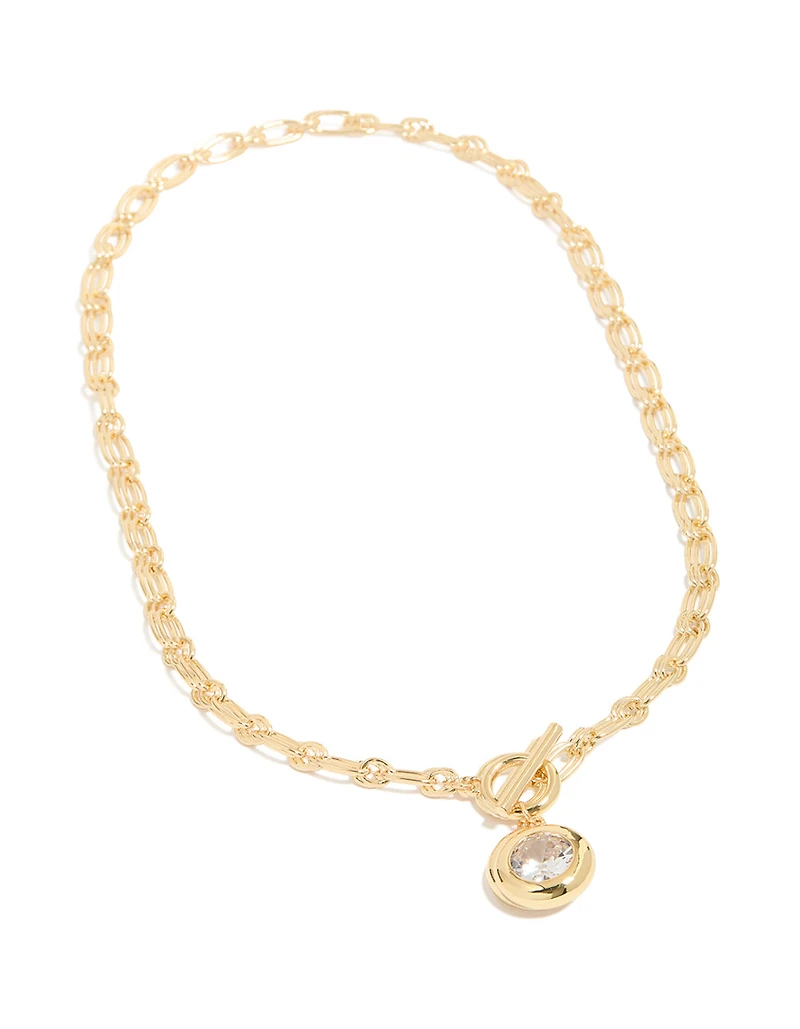 Gold Plated Cubic Zirconia T-Bar Chain Necklace