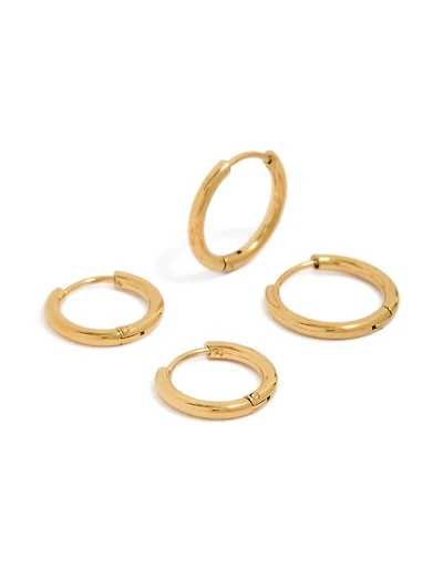 Mens Waterproof Gold Plated Stainless Steel Mixed Size Huggie Earrings 2-Pack