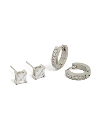 Mens Waterproof Stainless Steel Square Cubic Zirconia & Huggie Earrings 2-Pack