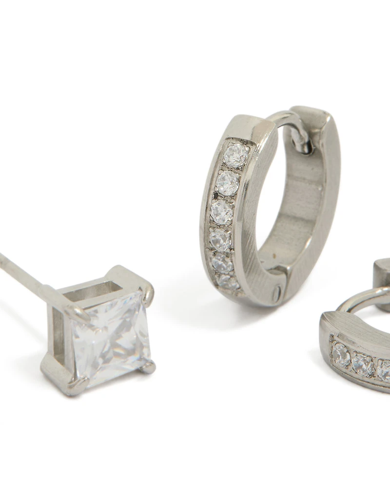 Mens Waterproof Stainless Steel Square Cubic Zirconia & Huggie Earrings 2-Pack