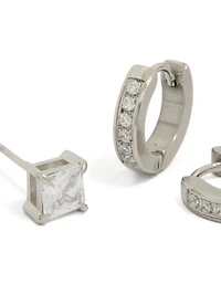 Mens Waterproof Stainless Steel Square Cubic Zirconia & Huggie Earrings 2-Pack