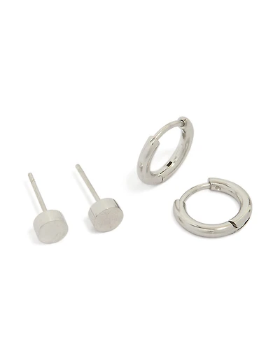 Waterproof Men's Stainless Steel Flat Stud & Huggie Earrings 2-Pack