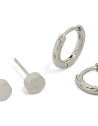 Waterproof Men's Stainless Steel Flat Stud & Huggie Earrings 2-Pack