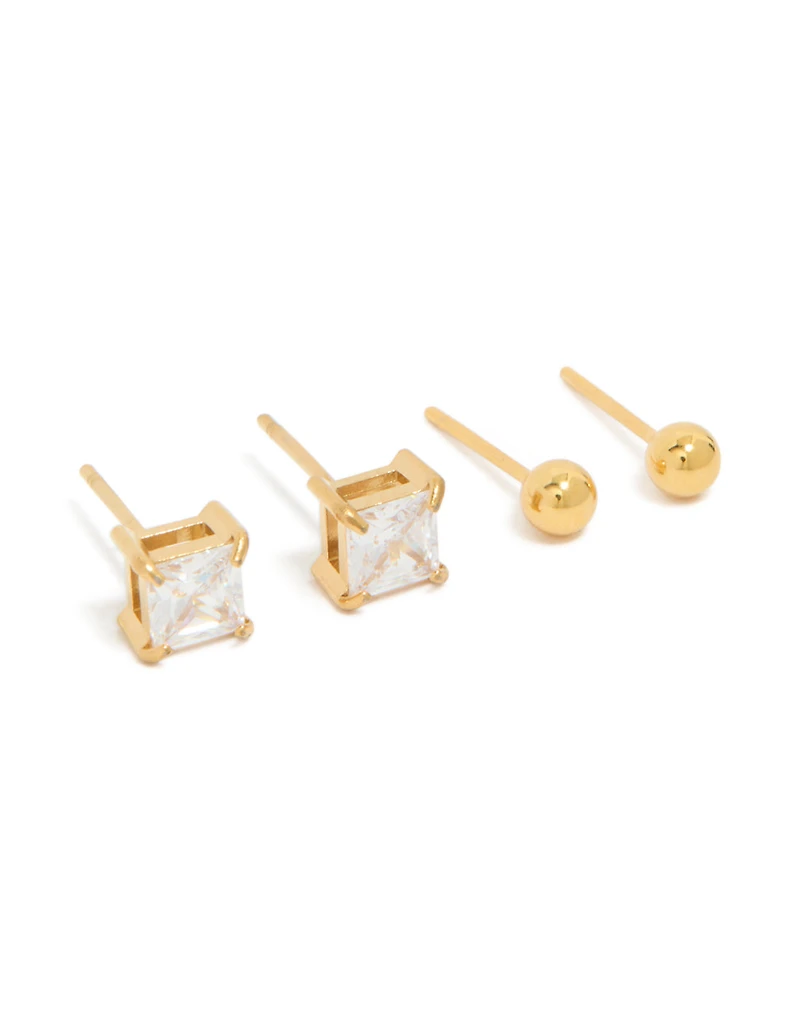 Mens Waterproof Gold Plated Stainless Steel Square Cubic Zirconia & Ball Earrings Pack