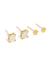 Mens Waterproof Gold Plated Stainless Steel Square Cubic Zirconia & Ball Earrings Pack