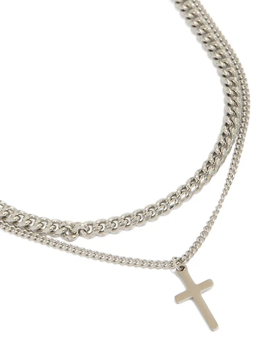Mens Waterproof Stainless Steel Curb Chain Cross Necklaces 2-Pack