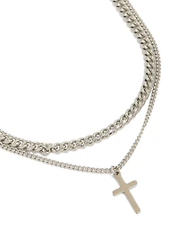 Mens Waterproof Stainless Steel Curb Chain Cross Necklaces 2-Pack