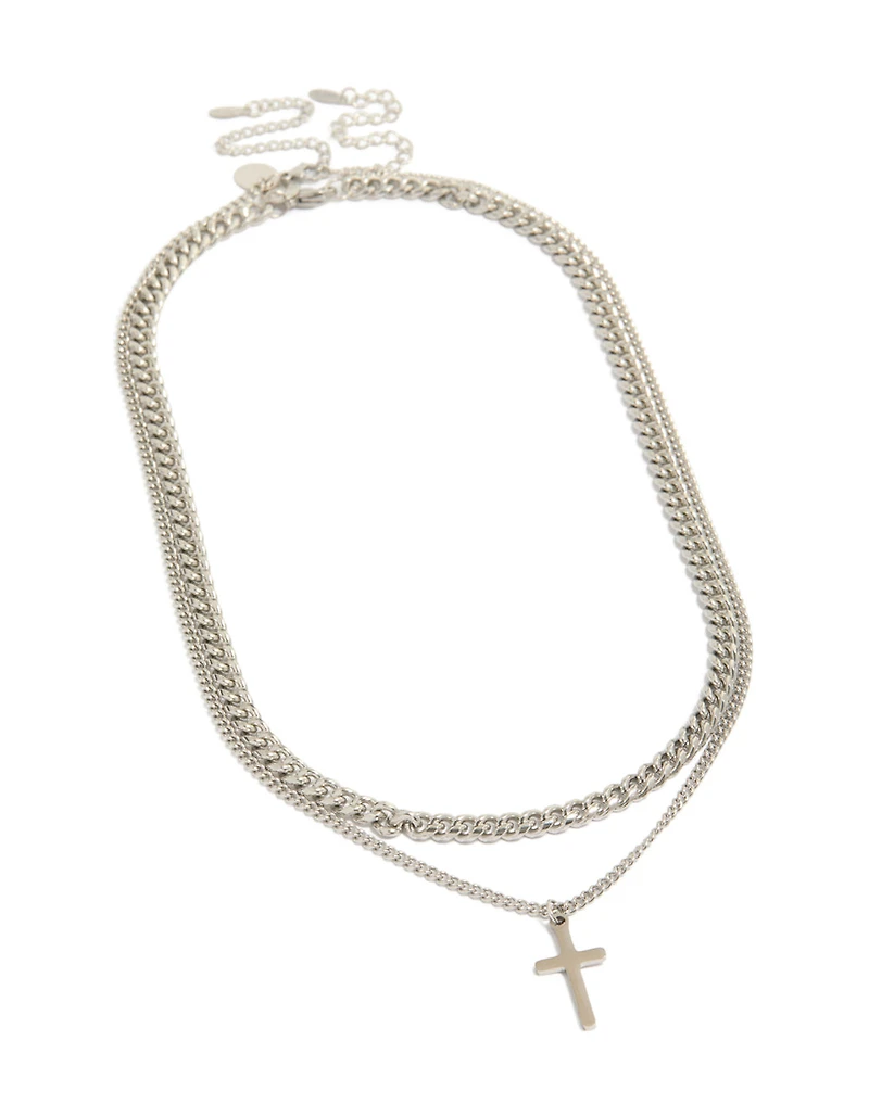 Mens Waterproof Stainless Steel Curb Chain Cross Necklaces 2-Pack