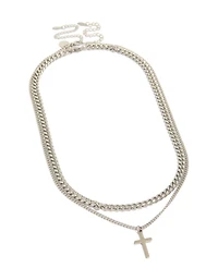 Mens Waterproof Stainless Steel Curb Chain Cross Necklaces 2-Pack