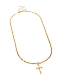 Mens Waterproof Gold Plated Stainless Steel Cubic Zirconia Detailed Long Cross Necklace