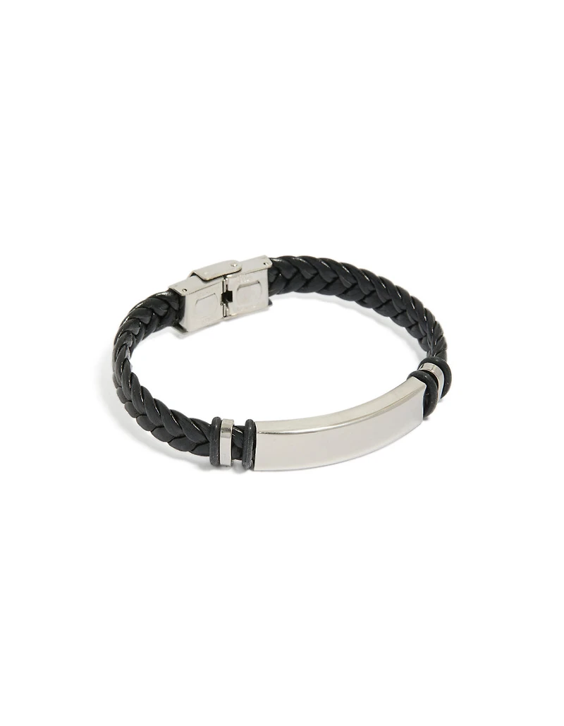 Bracelet pour homme étanche en acier inoxydable et cuir PU noir tressé
