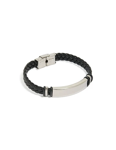 Bracelet pour homme étanche en acier inoxydable et cuir PU noir tressé