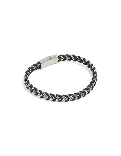 Mens Waterproof Stainless Steel & Black PU Leather Braided Chain Bracelet