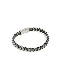 Mens Waterproof Stainless Steel & Black PU Leather Braided Chain Bracelet