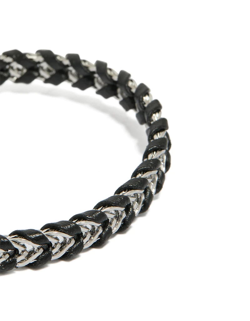 Bracelet pour homme étanche en acier inoxydable et cuir PU noir à chaîne tressée