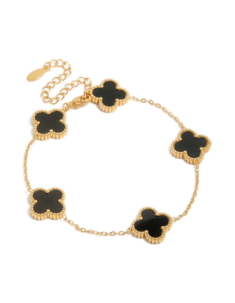 Mens Waterproof Gold Plated Stainless Steel Black Clover Chain Bracelet