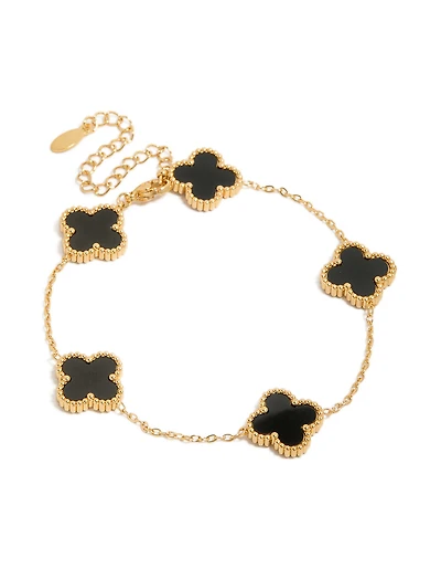 Mens Waterproof Gold Plated Stainless Steel Black Clover Chain Bracelet