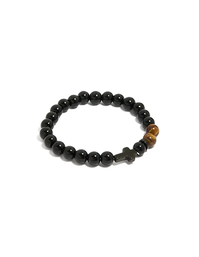 Mens Waterproof  Black Coated Stainless Steel Black Cross  & Tigers Eye Semi Beaded Cross Bracelet