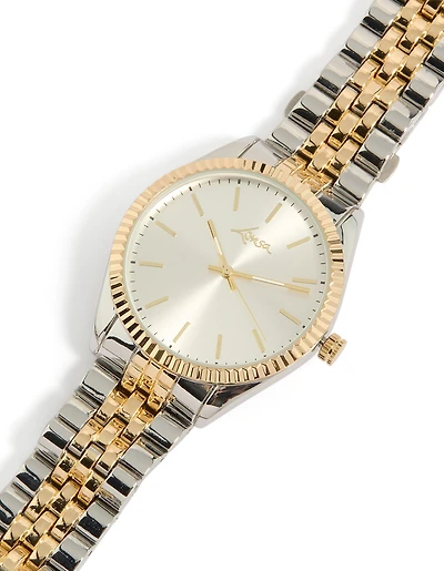 Mens Mixed Metal Etched Link Classic Watch