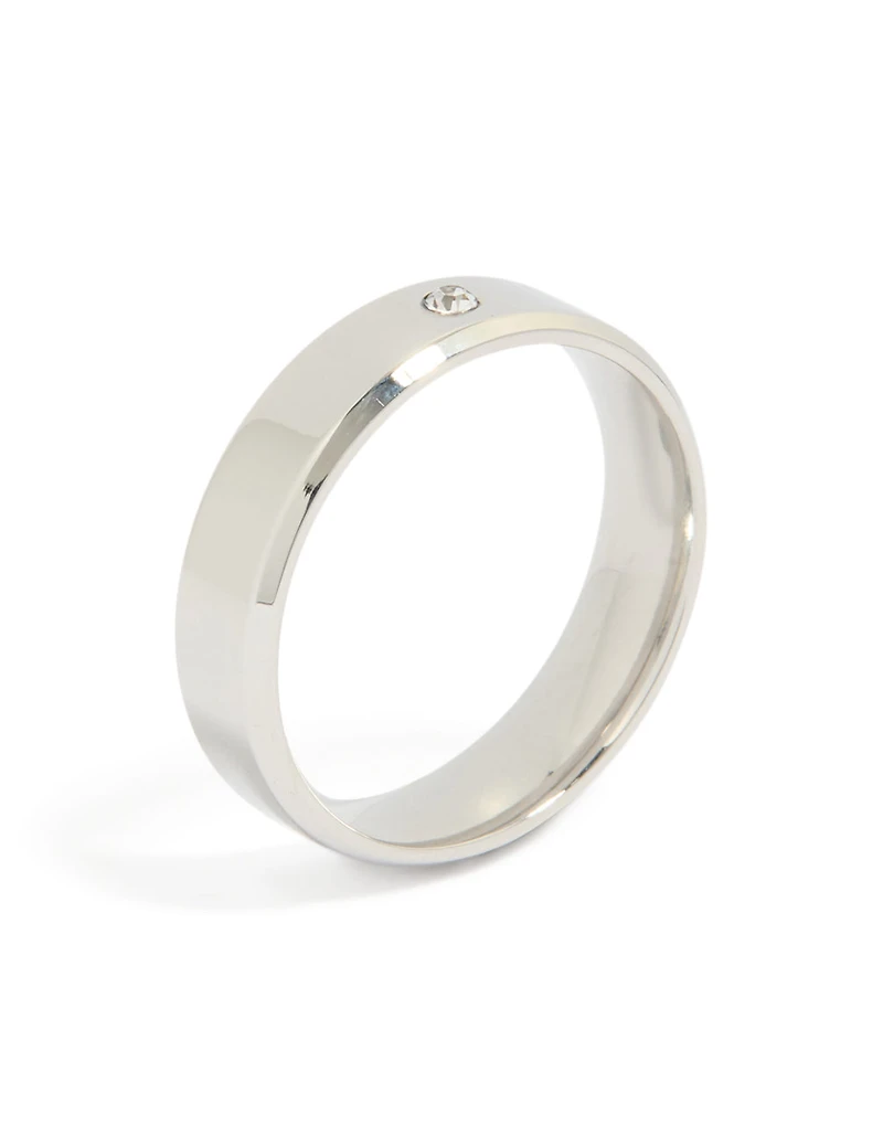 Mens Waterproof Stainless Steel Smooth Solitaire Cubic Zirconia Band Ring