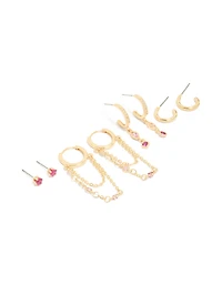 Gold Plated Dark Pink Cubic Zirconia Stacker Earrings 4-Pack