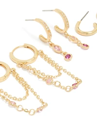 Gold Plated Dark Pink Cubic Zirconia Stacker Earrings 4-Pack