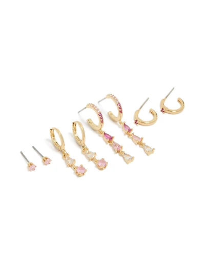 Gold Plated Clear & Light Pink Cubic Zirconia Stacker Earrings 4-Pack