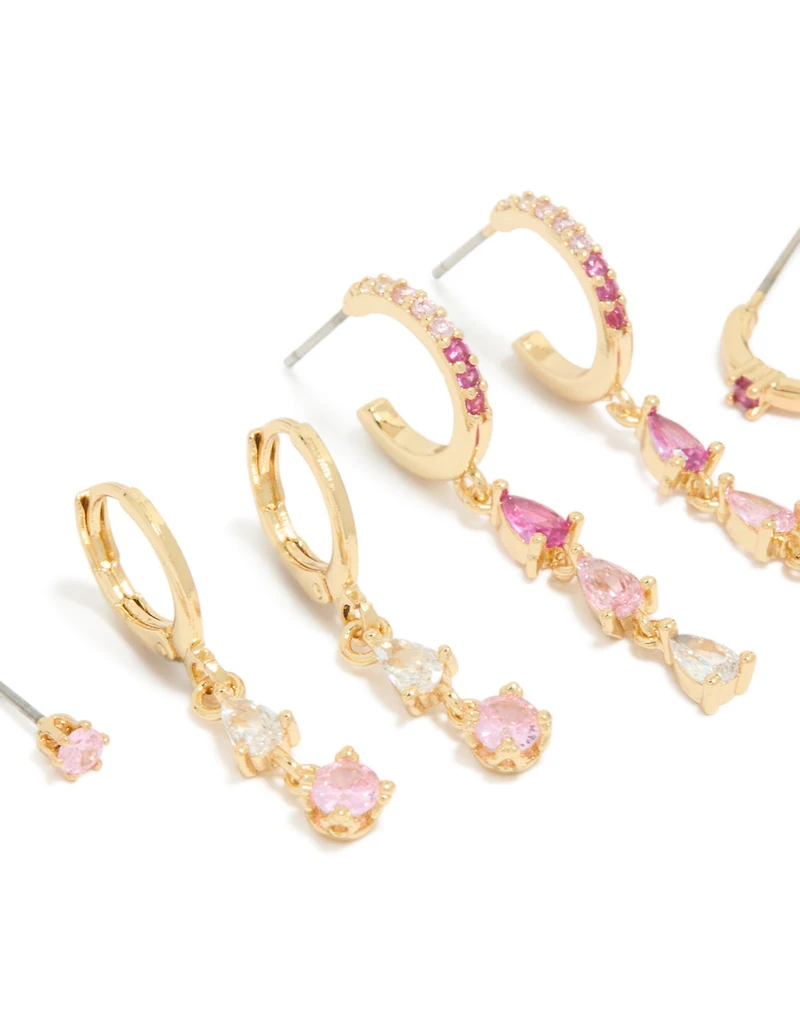 Gold Plated Clear & Light Pink Cubic Zirconia Stacker Earrings 4-Pack