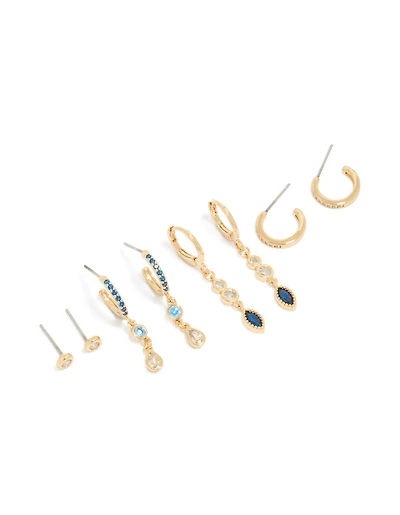 Gold Plated Bezel Dark Blue Cubic Zirconia Marquise Stacking Earrings 4-Pack