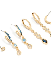 Gold Plated Bezel Dark Blue Cubic Zirconia Marquise Stacking Earrings 4-Pack