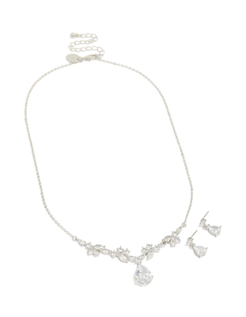 Silver Cubic Zirconia Dainty Necklace & Earrings Set