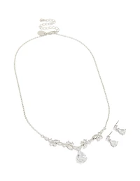 Silver Cubic Zirconia Dainty Necklace & Earrings Set