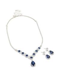 Silver Clear & Dark Blue Cubic Zirconia Necklace & Earrings Set